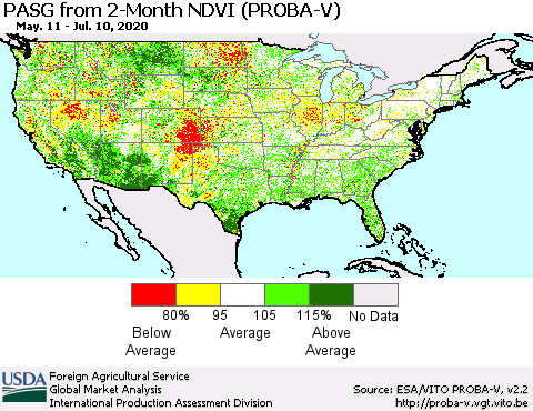 United States PASG from 2-Month NDVI (PROBA-V) Thematic Map For 7/1/2020 - 7/10/2020