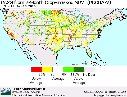 United States PASG from 2-Month Crop-masked NDVI (PROBA-V) Thematic Map For 1/1/2018 - 1/10/2018
