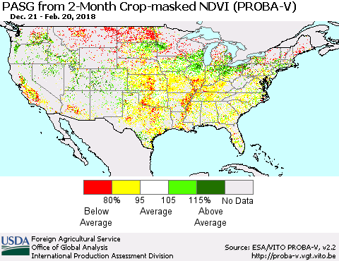 United States PASG from 2-Month Crop-masked NDVI (PROBA-V) Thematic Map For 2/11/2018 - 2/20/2018
