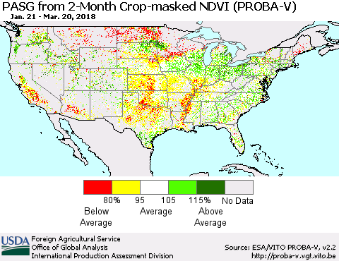 United States PASG from 2-Month Crop-masked NDVI (PROBA-V) Thematic Map For 3/11/2018 - 3/20/2018