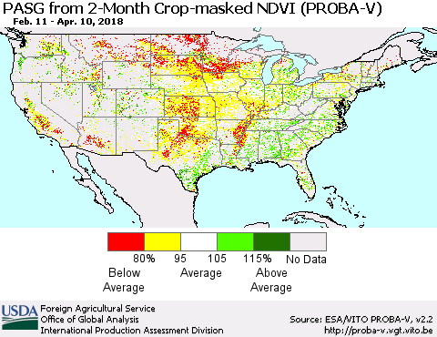 United States PASG from 2-Month Crop-masked NDVI (PROBA-V) Thematic Map For 4/1/2018 - 4/10/2018
