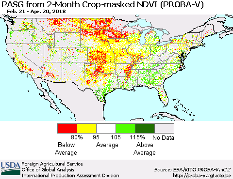 United States PASG from 2-Month Crop-masked NDVI (PROBA-V) Thematic Map For 4/11/2018 - 4/20/2018