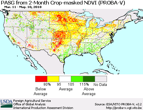 United States PASG from 2-Month Crop-masked NDVI (PROBA-V) Thematic Map For 5/1/2018 - 5/10/2018
