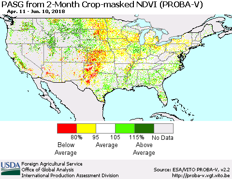 United States PASG from 2-Month Crop-masked NDVI (PROBA-V) Thematic Map For 6/1/2018 - 6/10/2018
