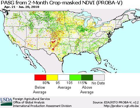 United States PASG from 2-Month Crop-masked NDVI (PROBA-V) Thematic Map For 6/11/2018 - 6/20/2018