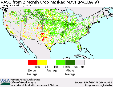 United States PASG from 2-Month Crop-masked NDVI (PROBA-V) Thematic Map For 7/1/2018 - 7/10/2018