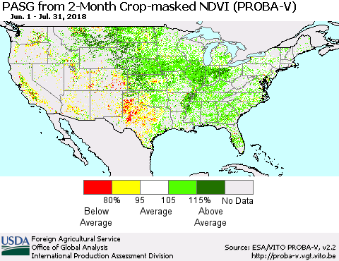 United States PASG from 2-Month Crop-masked NDVI (PROBA-V) Thematic Map For 7/21/2018 - 7/31/2018
