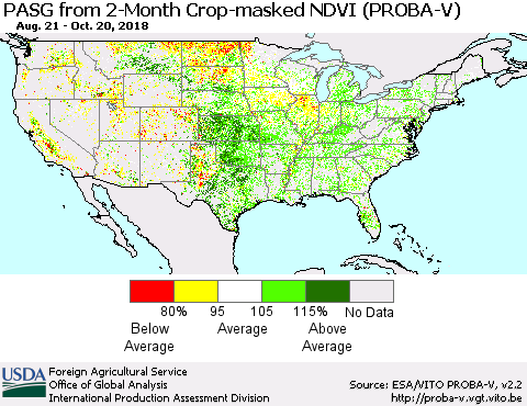United States PASG from 2-Month Crop-masked NDVI (PROBA-V) Thematic Map For 10/11/2018 - 10/20/2018