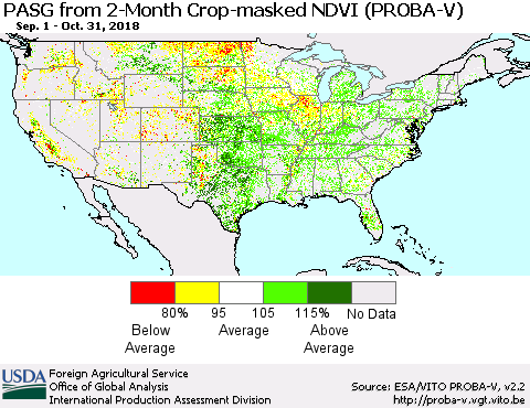 United States PASG from 2-Month Crop-masked NDVI (PROBA-V) Thematic Map For 10/21/2018 - 10/31/2018