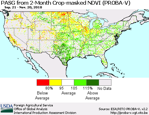 United States PASG from 2-Month Crop-masked NDVI (PROBA-V) Thematic Map For 11/11/2018 - 11/20/2018