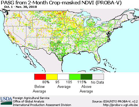 United States PASG from 2-Month Crop-masked NDVI (PROBA-V) Thematic Map For 11/21/2018 - 11/30/2018