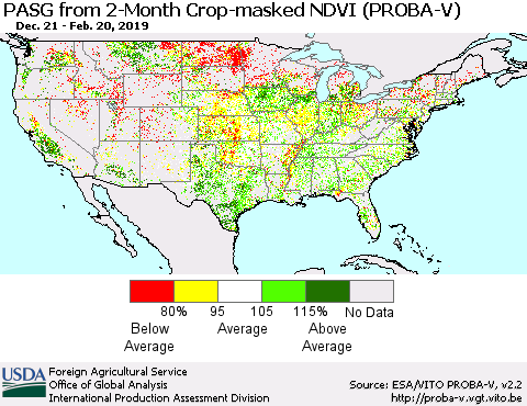 United States PASG from 2-Month Crop-masked NDVI (PROBA-V) Thematic Map For 2/11/2019 - 2/20/2019
