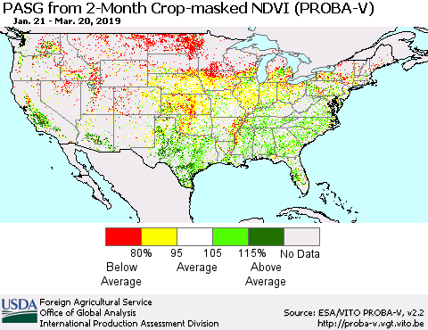 United States PASG from 2-Month Crop-masked NDVI (PROBA-V) Thematic Map For 3/11/2019 - 3/20/2019