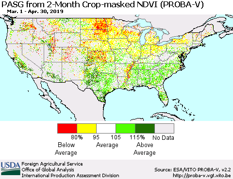 United States PASG from 2-Month Crop-masked NDVI (PROBA-V) Thematic Map For 4/21/2019 - 4/30/2019
