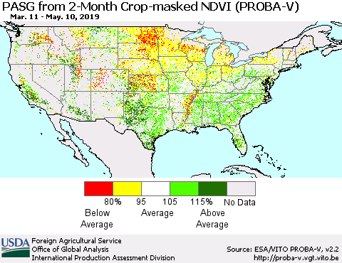 United States PASG from 2-Month Crop-masked NDVI (PROBA-V) Thematic Map For 5/1/2019 - 5/10/2019