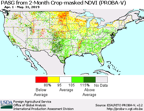 United States PASG from 2-Month Crop-masked NDVI (PROBA-V) Thematic Map For 5/21/2019 - 5/31/2019
