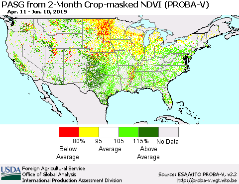 United States PASG from 2-Month Crop-masked NDVI (PROBA-V) Thematic Map For 6/1/2019 - 6/10/2019