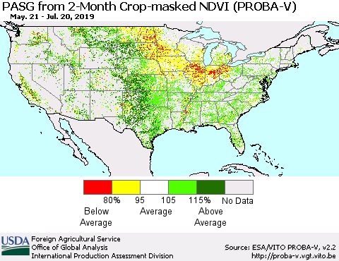 United States PASG from 2-Month Crop-masked NDVI (PROBA-V) Thematic Map For 7/11/2019 - 7/20/2019