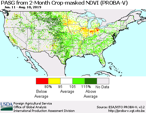 United States PASG from 2-Month Crop-masked NDVI (PROBA-V) Thematic Map For 8/1/2019 - 8/10/2019