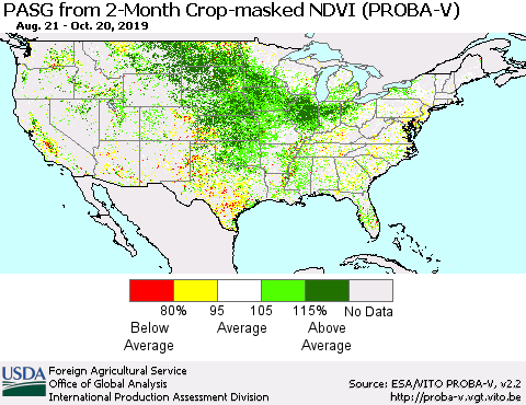 United States PASG from 2-Month Crop-masked NDVI (PROBA-V) Thematic Map For 10/11/2019 - 10/20/2019