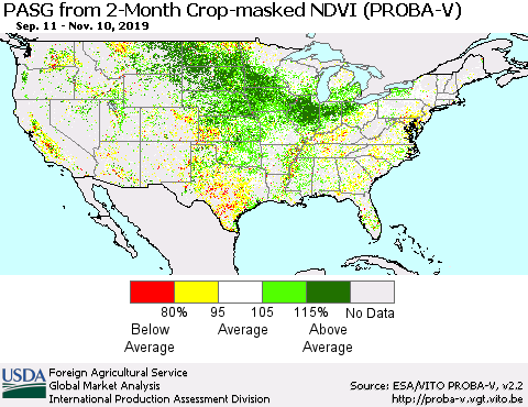 United States PASG from 2-Month Crop-masked NDVI (PROBA-V) Thematic Map For 11/1/2019 - 11/10/2019
