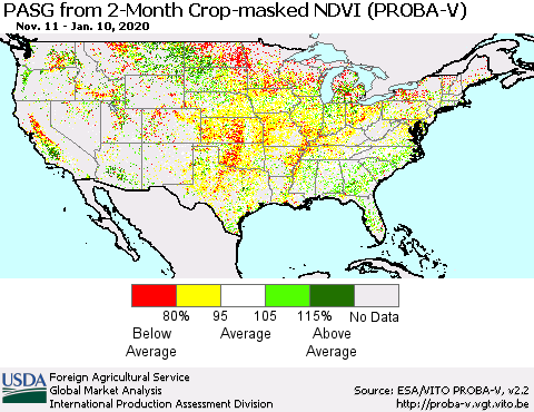 United States PASG from 2-Month Crop-masked NDVI (PROBA-V) Thematic Map For 1/1/2020 - 1/10/2020