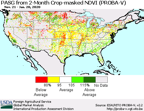 United States PASG from 2-Month Crop-masked NDVI (PROBA-V) Thematic Map For 1/11/2020 - 1/20/2020