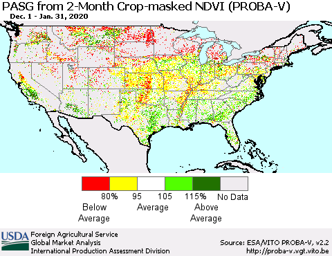 United States PASG from 2-Month Crop-masked NDVI (PROBA-V) Thematic Map For 1/21/2020 - 1/31/2020