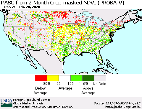 United States PASG from 2-Month Crop-masked NDVI (PROBA-V) Thematic Map For 2/11/2020 - 2/20/2020