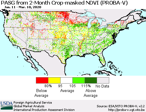 United States PASG from 2-Month Crop-masked NDVI (PROBA-V) Thematic Map For 3/1/2020 - 3/10/2020