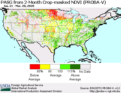 United States PASG from 2-Month Crop-masked NDVI (PROBA-V) Thematic Map For 3/11/2020 - 3/20/2020