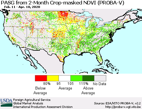 United States PASG from 2-Month Crop-masked NDVI (PROBA-V) Thematic Map For 4/1/2020 - 4/10/2020