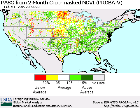 United States PASG from 2-Month Crop-masked NDVI (PROBA-V) Thematic Map For 4/11/2020 - 4/20/2020