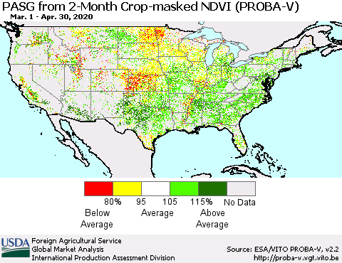 United States PASG from 2-Month Crop-masked NDVI (PROBA-V) Thematic Map For 4/21/2020 - 4/30/2020