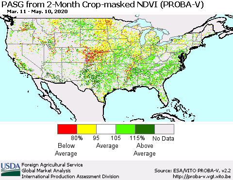 United States PASG from 2-Month Crop-masked NDVI (PROBA-V) Thematic Map For 5/1/2020 - 5/10/2020