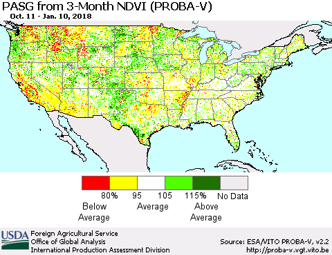 United States PASG from 3-Month NDVI (PROBA-V) Thematic Map For 1/1/2018 - 1/10/2018