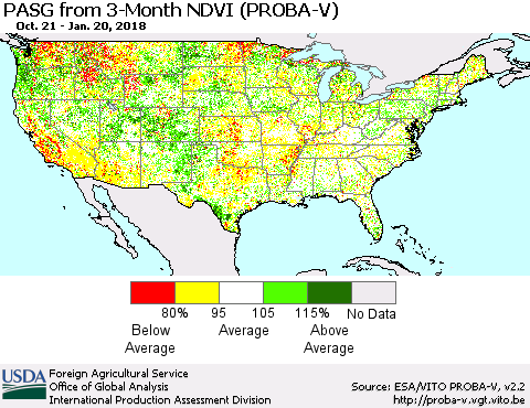 United States PASG from 3-Month NDVI (PROBA-V) Thematic Map For 1/11/2018 - 1/20/2018