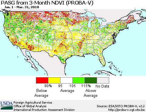 United States PASG from 3-Month NDVI (PROBA-V) Thematic Map For 3/21/2018 - 3/31/2018