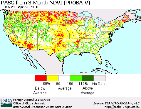 United States PASG from 3-Month NDVI (PROBA-V) Thematic Map For 4/11/2018 - 4/20/2018