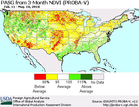 United States PASG from 3-Month NDVI (PROBA-V) Thematic Map For 5/1/2018 - 5/10/2018