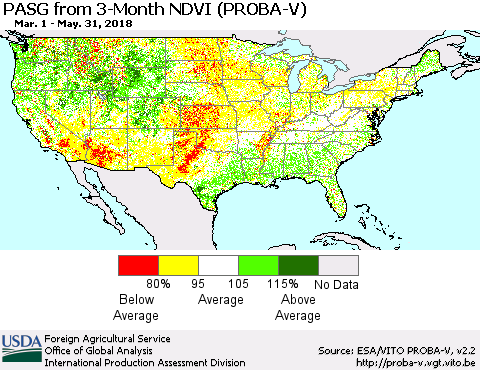 United States PASG from 3-Month NDVI (PROBA-V) Thematic Map For 5/21/2018 - 5/31/2018