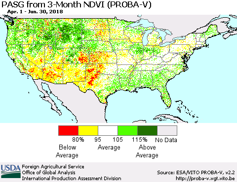 United States PASG from 3-Month NDVI (PROBA-V) Thematic Map For 6/21/2018 - 6/30/2018