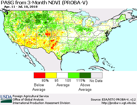 United States PASG from 3-Month NDVI (PROBA-V) Thematic Map For 7/1/2018 - 7/10/2018