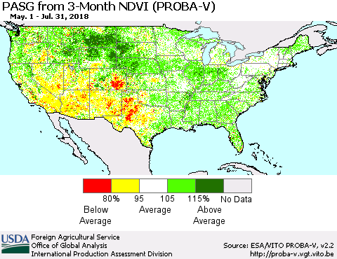 United States PASG from 3-Month NDVI (PROBA-V) Thematic Map For 7/21/2018 - 7/31/2018