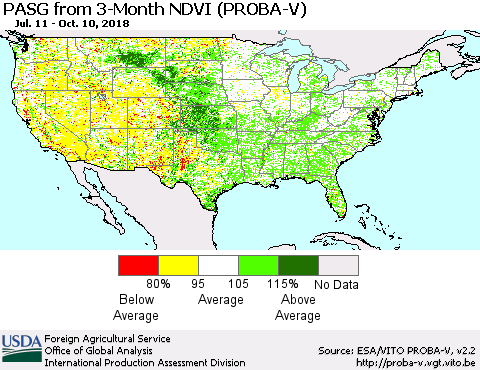 United States PASG from 3-Month NDVI (PROBA-V) Thematic Map For 10/1/2018 - 10/10/2018