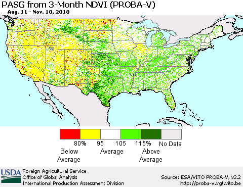 United States PASG from 3-Month NDVI (PROBA-V) Thematic Map For 11/1/2018 - 11/10/2018