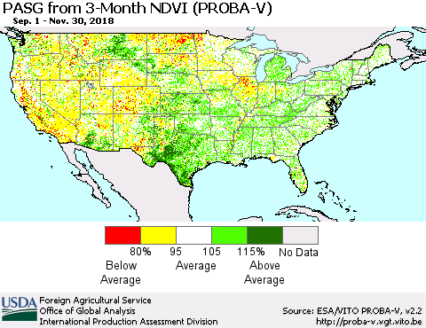 United States PASG from 3-Month NDVI (PROBA-V) Thematic Map For 11/21/2018 - 11/30/2018
