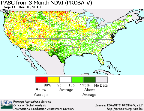 United States PASG from 3-Month NDVI (PROBA-V) Thematic Map For 12/1/2018 - 12/10/2018