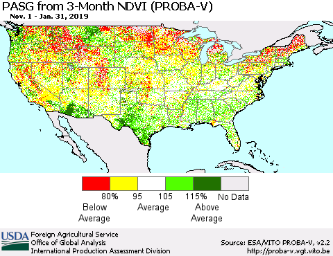 United States PASG from 3-Month NDVI (PROBA-V) Thematic Map For 1/21/2019 - 1/31/2019