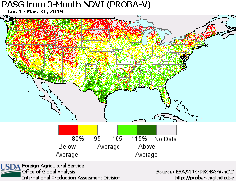 United States PASG from 3-Month NDVI (PROBA-V) Thematic Map For 3/21/2019 - 3/31/2019